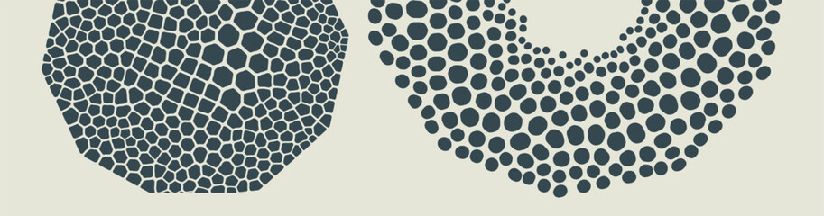 Elements made of uneven spots, blobs, specks of various size. Scientific illustration with cells or cell membranes. Black and white design. 3D vector for brochure, poster, card, flyer or banner.