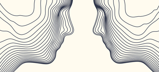 Two opponents facing each other. Conflict. People talk face to face. The concept of rivalry. Abstract digital human head made from lines. 3d vector illustration for banner, poster, cover or brochure. - obrazy, fototapety, plakaty