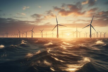 Wind turbines generating sustainable power in an offshore wind farm at sunset. Generative AI