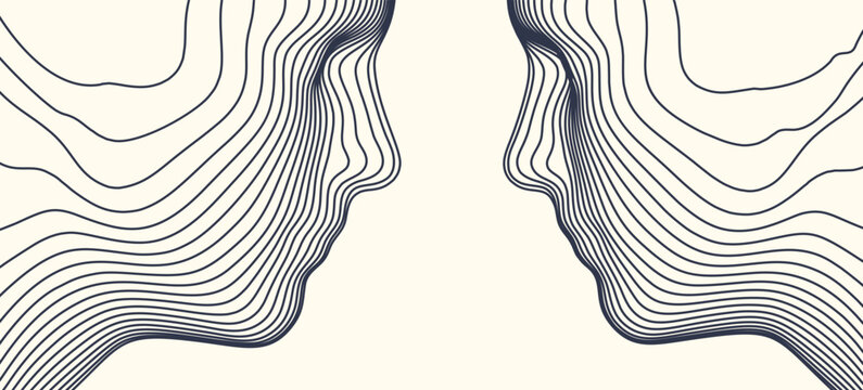 Two opponents facing each other. Conflict. People talk face to face. The concept of rivalry. Abstract digital human head made from lines. 3d vector illustration for banner, poster, cover or brochure.