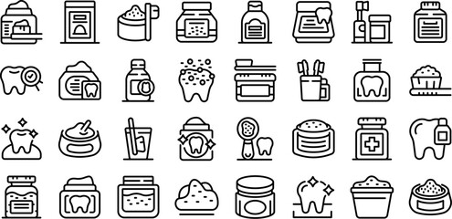 Tooth powder icons set outline vector. Health dentist. Water soda