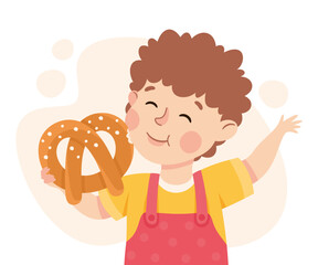 Funny Boy Character Eating Pretzel Showing Like Vector Illustration