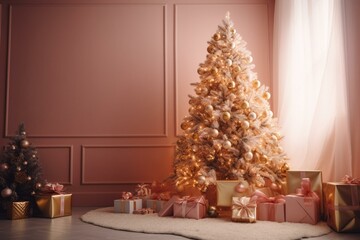 A simple golden and pink panoramic view with a Christmas tree, gifts, and copy space for a gift card. Generative AI