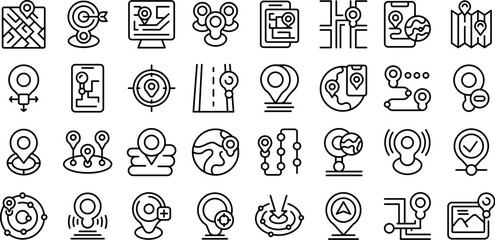 Geolocation icons set outline vector. Gps pin. Map phone