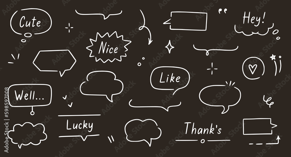 Aufkleber balloon text frame decoration set chalkboard background. simple hand drawn pen line speech bubble, c