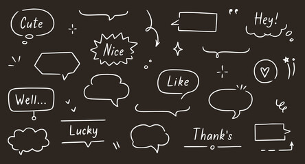 Balloon text frame decoration set chalkboard background. Simple hand drawn pen line speech bubble, cloud, balloon frame for text border. Doodle elegant dialog bubble. Vector illustration Generative AI