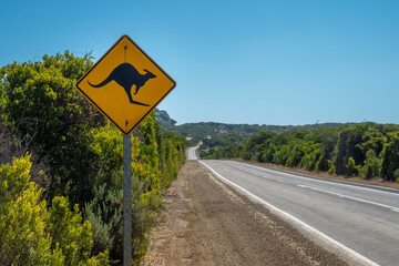 Road sign on Kangaroo Island warning about kangaroos and wallabies on the road, South Australia....