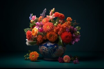 AI-created vase bursting with vibrant floral variety. Generative AI
