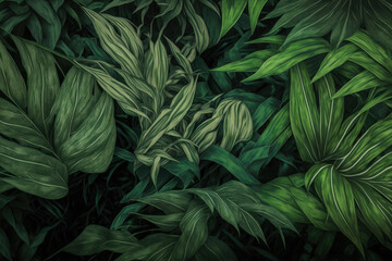 Naklejka na ściany i meble AI generated closeup nature view of green leaves floral jungle pattern at dark background
