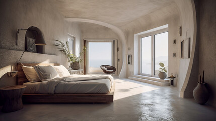 A comfortable bedroom in new construction home limestone living room, the complements Mediterranean style furniture - ai generative
