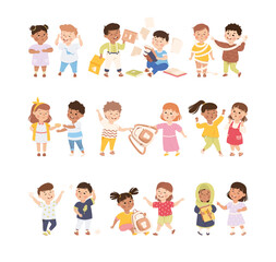 Kids getting bullied by classmates at school set. Hoodlum naughty children offending boys and girls. Mockery and bullying cartoon vector illustration