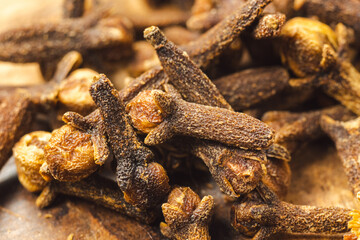 Carnation spice macro close-up. Collection. Dry spice cloves. Selective focus.