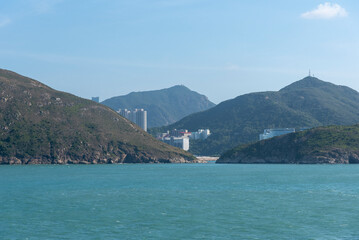 Panorama of Chinese sea coast near Hong Kong. View from the sea side.