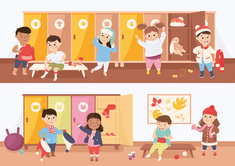 Little Boy and Girl Changing Clothes at Locker in Kindergarten Putting on Sweater and Hat Vector Set