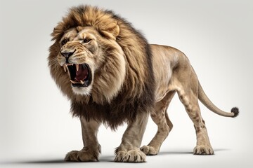 Fototapeta na wymiar A fierce lion in 3D, standing and roaring against a white backdrop. Generative AI