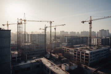 Fototapeta na wymiar City skyline with tower cranes on construction site. Generative AI