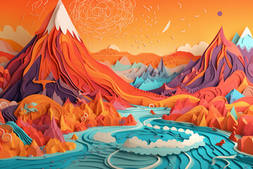 Global warming concept. Volcanoes, flood, fire on planet earth, climate warning, generative ai