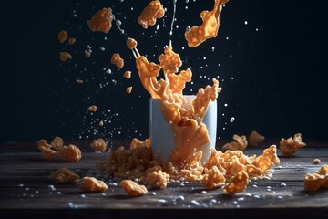 Obraz na płótnie Canvas Milk and cornflakes splashed together. Generative AI