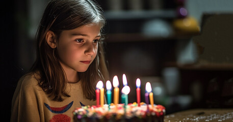 Photo of sad birthday boy sitting near cake with burning canles alone. sad kid alone on at Birthday,Look at cake.lonely little children concept unhappy