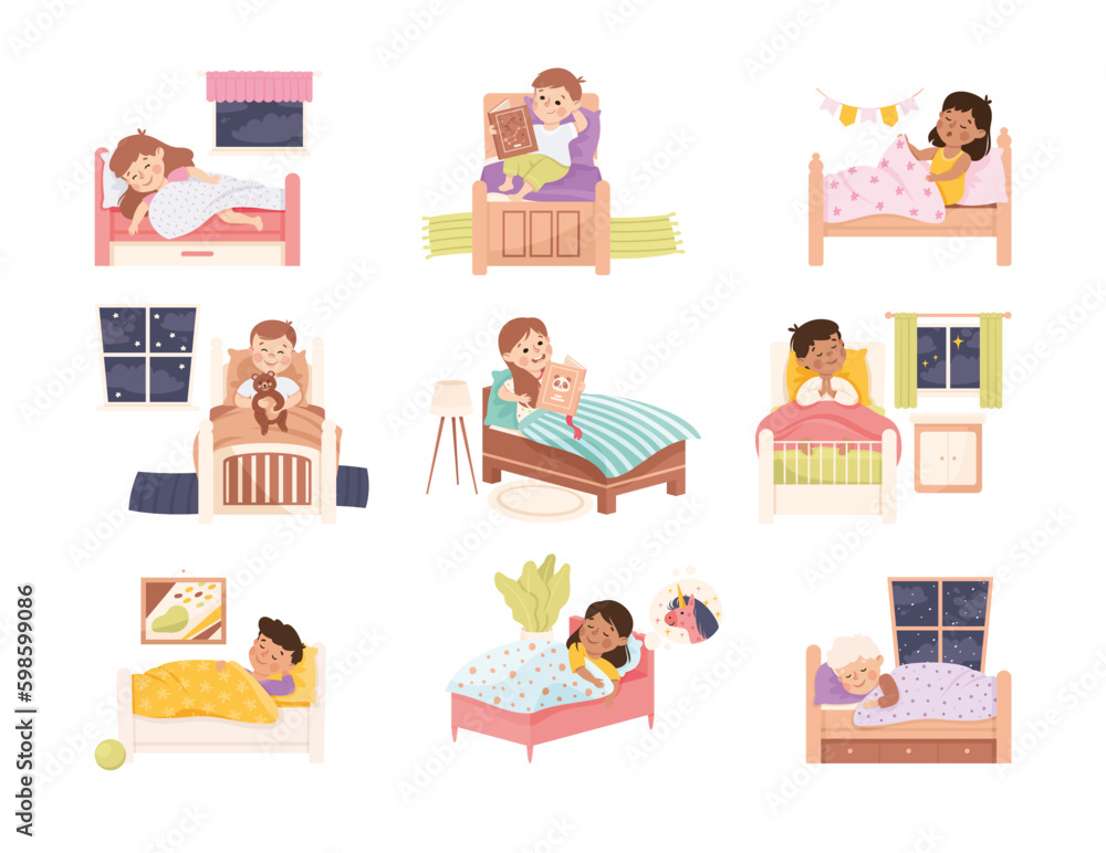 Sticker Little Kids in Bed Sleeping and Getting Ready to Night Rest Vector Set