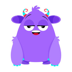 Purple smiling monster with horns on a white background