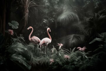 Black and white nature backdrop, tropical jungle with palm trees, voluminous flora, and three flamingos in pink plumage. Generative AI