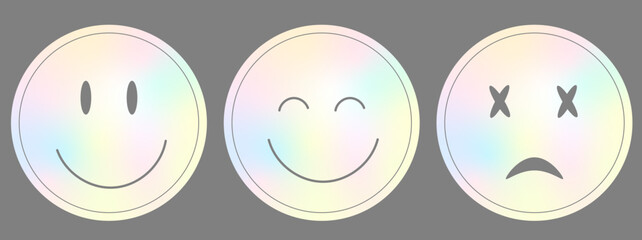 Holographic smiley stickers in y2k style. Retro futuristic elements with iridescent foil film. Vector label of emotion symbols with y2k, 70s objects with gradient Generative AI