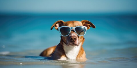Fototapeta na wymiar dog with sunglasses , cocktail summer and vacation concepts. generative ai
