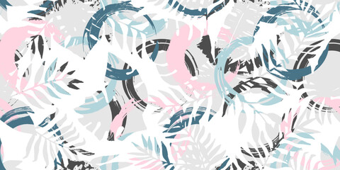 Fototapeta na wymiar Abstract seamless background with tropical leaves. Pattern in pastel colors. Vector illustration.