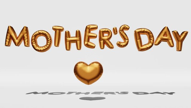 Happy Mother's Day greeting golden inflatable heart balloons 3D animation loop motion design 4K.Festive website footage shiny flying letters text sign rotating I love you mom footage template Best mum