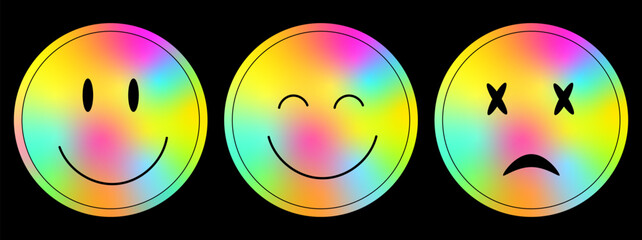 Holographic smiley stickers in y2k style. Retro futuristic elements with iridescent foil film. Vector label of emotion symbols with y2k, 70s objects with gradient Generative AI