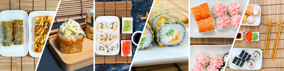 Sushi Rolls Collage. Various Sushi Collection. Horizontal format