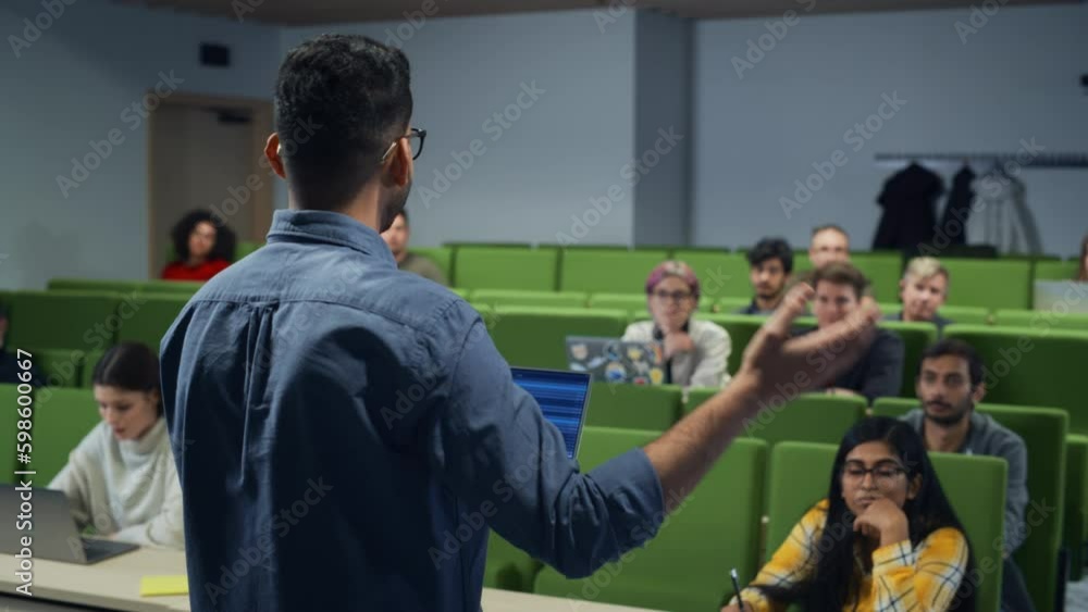 Poster university professor explaining the importance of a college degree to a group of diverse students in