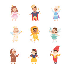 Funny Kids Actors in Theater Costumes Showing Performance Vector Set