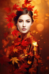 Obraz na płótnie Canvas portrait of a woman with red autumn leaves. Generative AI image.