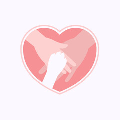 Big paw of dog on hands of family members in heart shaped flat design vector