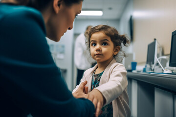 A pediatrician woman talking with a baby girl - ai generative
