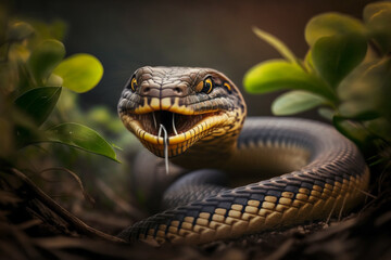 Macro shot of a very venomous snake wrapped around a branch between the leaves, Ai generative