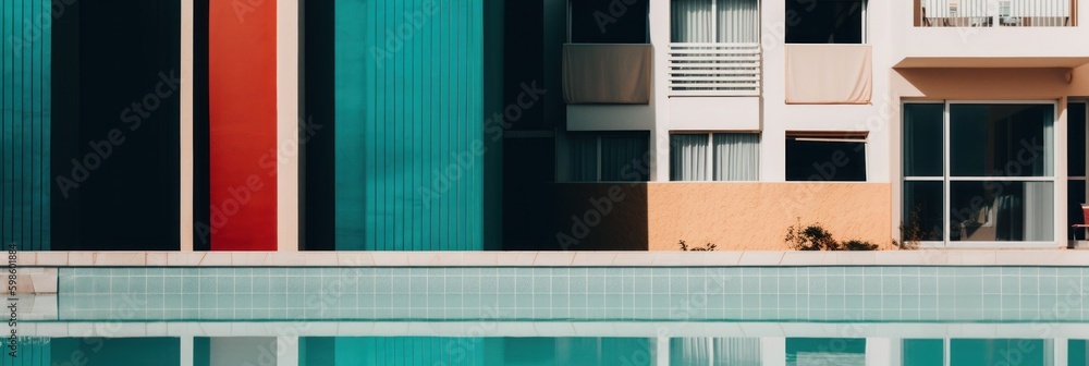 Poster a pool in front of a multicolored building. ai generative image.