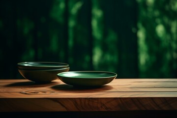 Wooden table with clean plates against a green background. Generative AI