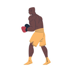 Strong muscular African American man in shorts and boxing gloves training or fighting cartoon vector illustration