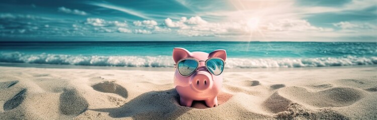 Piggy bank wearing sunglasses chilling at the beach, save money for vacation concept. Generative AI - obrazy, fototapety, plakaty