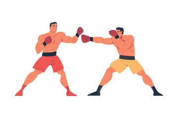 Muscular men in sportswear and boxing gloves throwing punches at each other cartoon vector illustration