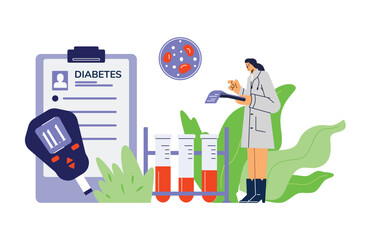 Diabetes awareness day banner for clinic and blood test laboratory, flat vector.