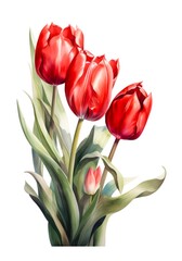 Fototapeta premium Watercolor bouquet of red tulips isolated on white background. Generative AI.