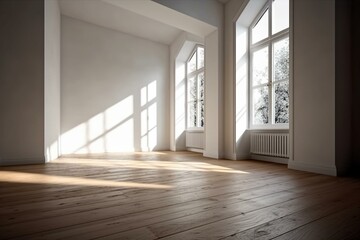 Empty white room with diagonal window shadows & wood flooring. Minimal design. 3D illustration. Generative AI