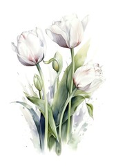 Obraz premium Watercolor bouquet of white tulips isolated on white background. Generative AI.