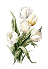 Fototapeta premium Watercolor bouquet of white tulips isolated on white background. Generative AI.