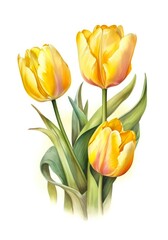 Watercolor bouquet of yellow tulips isolated on white background. Generative AI.