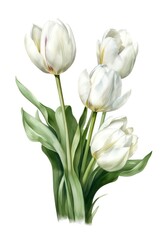 Watercolor bouquet of white tulips isolated on white background. Generative AI.